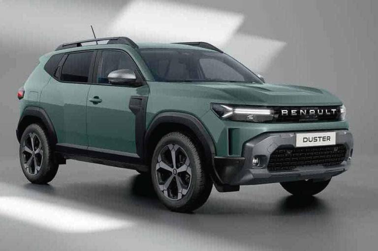 Green Renault Duster SUV with black cladding, silver roof rails, and a 'DUSTER' badge on the front bumper.
