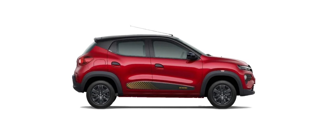 Side view of a red compact SUV with a black roof, dark tinted windows, and a KWID badge on the lower door.