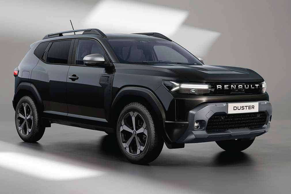 Front-right three-quarter view of a black Renault Duster SUV with bold grille and silver accents in a studio setting.
