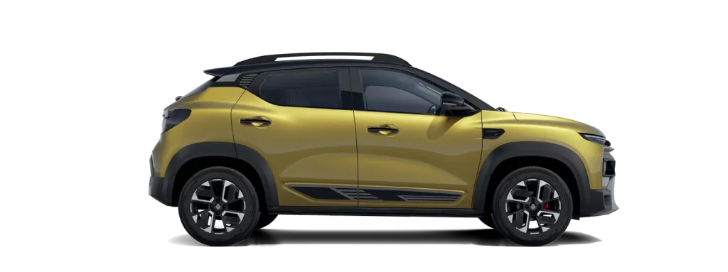 Side view of a gold compact SUV with black roof rails and stylish alloy wheels on a white background.