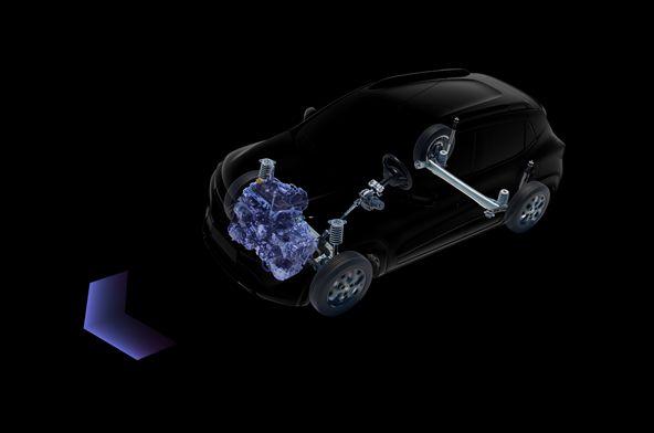 Cutaway view of a car showing engine, drivetrain, and suspension components inside a transparent body.
