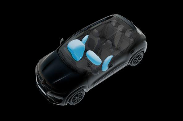 Cutaway view of a black car showing blue deployed or protective airbag cushions inside, highlighting seating areas.