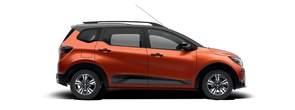 Side view of an orange compact SUV with black roof rails against a white background.