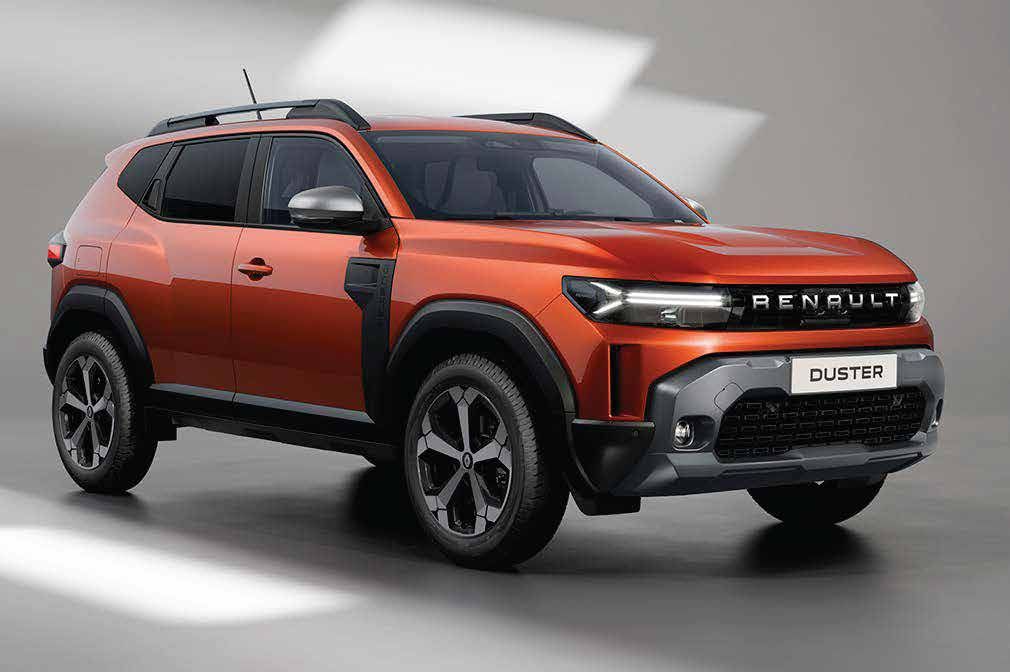 Orange Renault Duster SUV shown from a front three-quarter view, highlighting its bold grille and rugged styling.