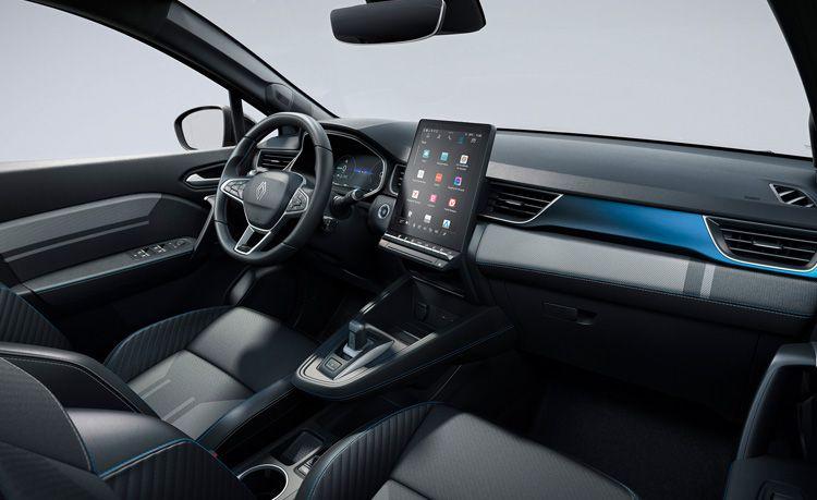 Modern car interior with a large tablet-style center touchscreen and sleek black dashboard accents.