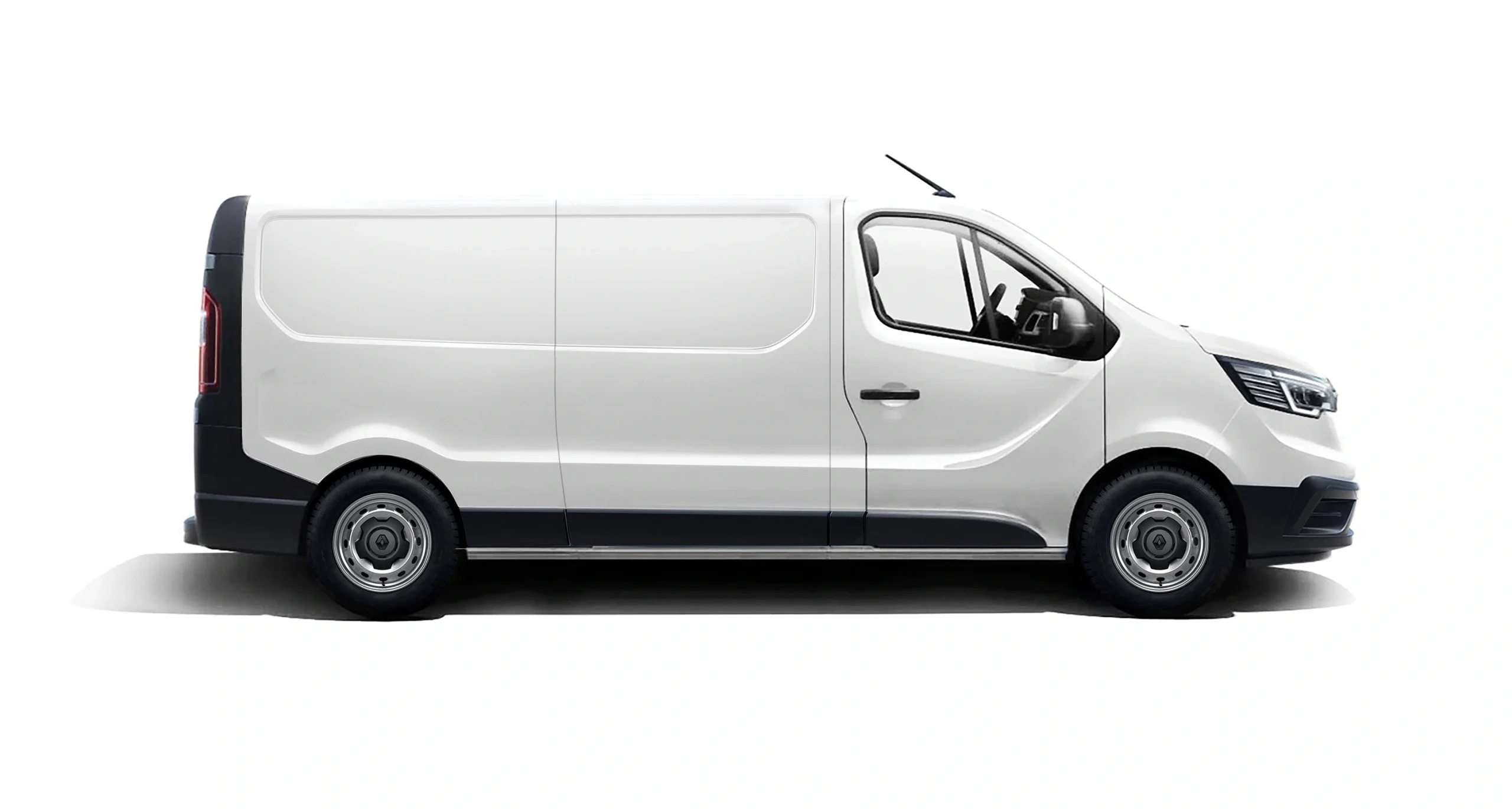 Side view of a white cargo van with a long panel body and black bumper
