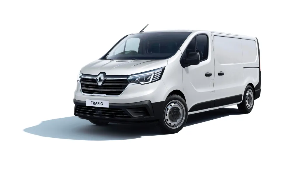 White Renault Trafic cargo van seen from the front-left, with a 'TRAFIC' plate against a white background.