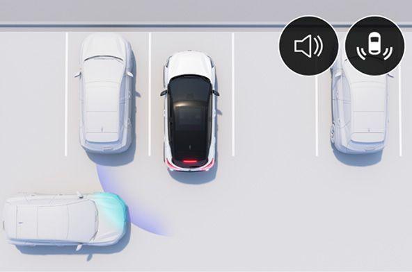 Overhead view of a parking lot with a black-roofed car centered in a parking space, surrounded by white cars in adjacent spots.