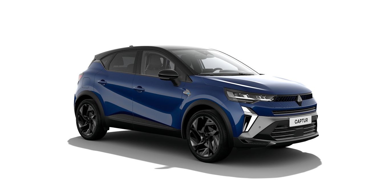 Front-left angled view of a blue Renault Captur compact SUV with a black roof on a white background.