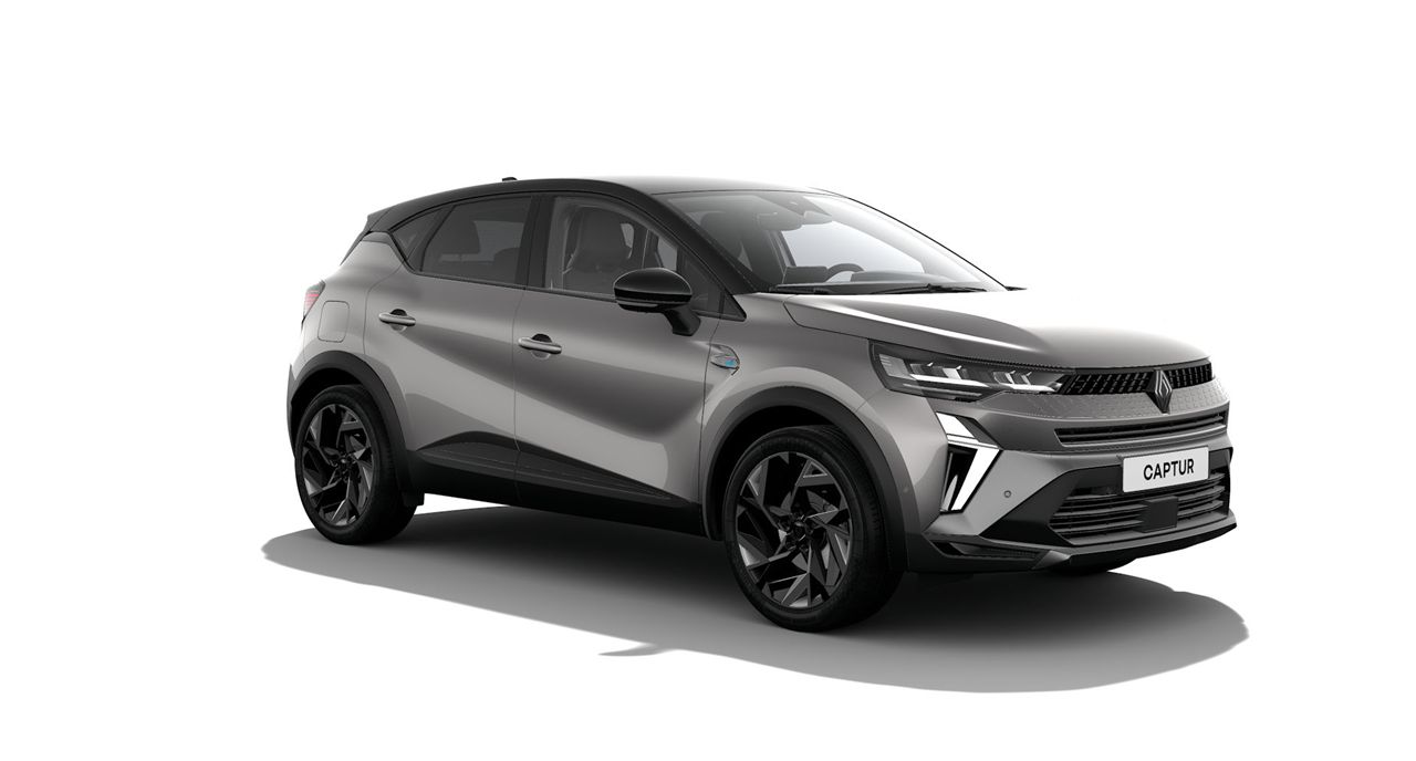 Gray Renault Captur compact SUV in a 3/4 front view on a white background