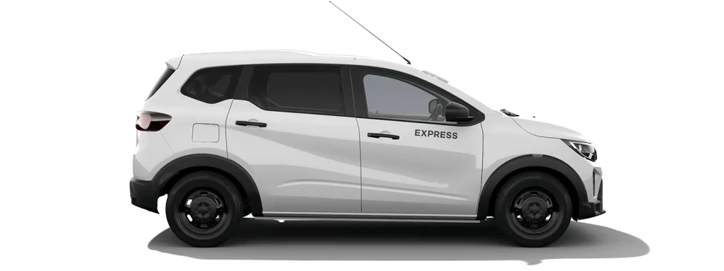 Side view of a white Express delivery van with black wheels, shown in profile on a gray surface.