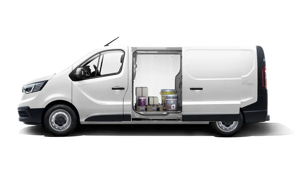 White delivery van with its side door open, showing shelves of paint cans and supplies inside
