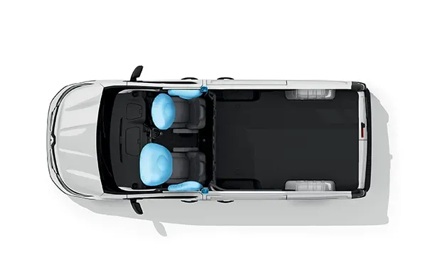 Top-down view of a white car interior with light-blue front seats and rear seating area.