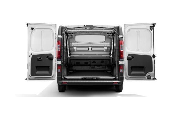 Rear view of a white cargo van with both rear doors open, exposing an empty cargo area.