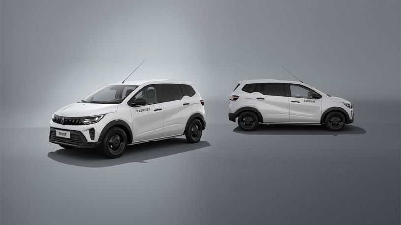 Two white compact SUVs with EXPRESS decals parked on a gray studio backdrop, one facing forward and the other in profile.