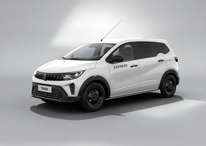 Front-side view of a white passenger van with 'EXPRESS' on the side, parked on a gray studio backdrop.