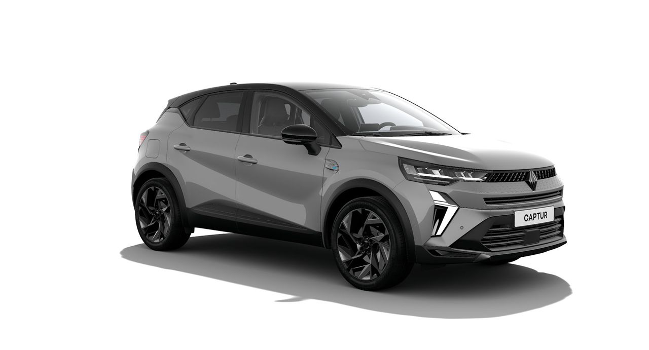 Gray Renault Captur compact SUV shown in a three-quarter front view with dark alloys on a white background