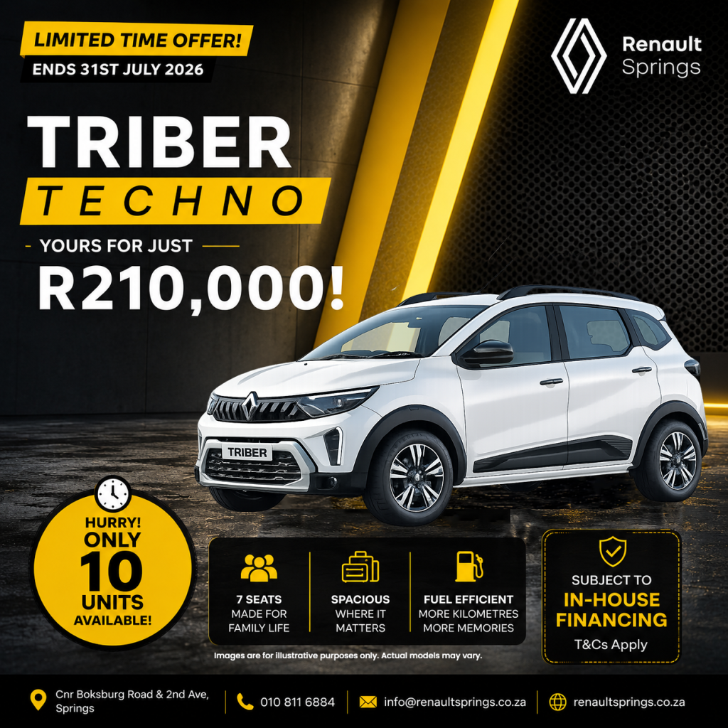 Advertisement for Renault Springs: Triber Techno car deal ends 31 July 2026, price R210,000, bold yellow and black design.