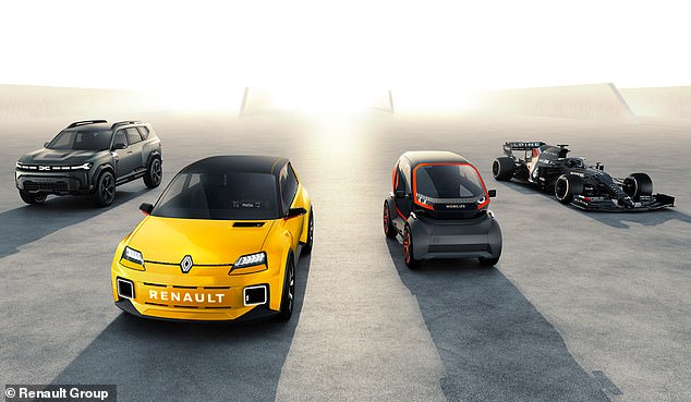Front-on view of a bright yellow Renault car at the center, with two other Renault models and a race car on a sunlit track in the background, logo visible.