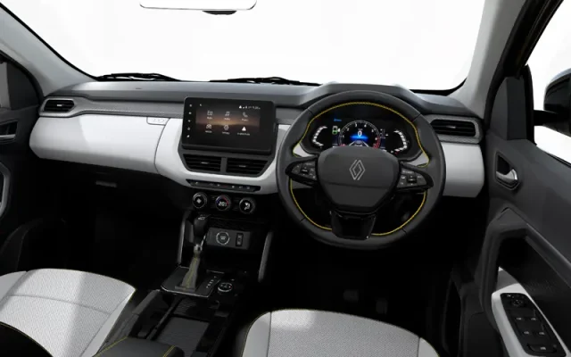 Interior view of a modern car dashboard with a digital instrument cluster and center touchscreen panel